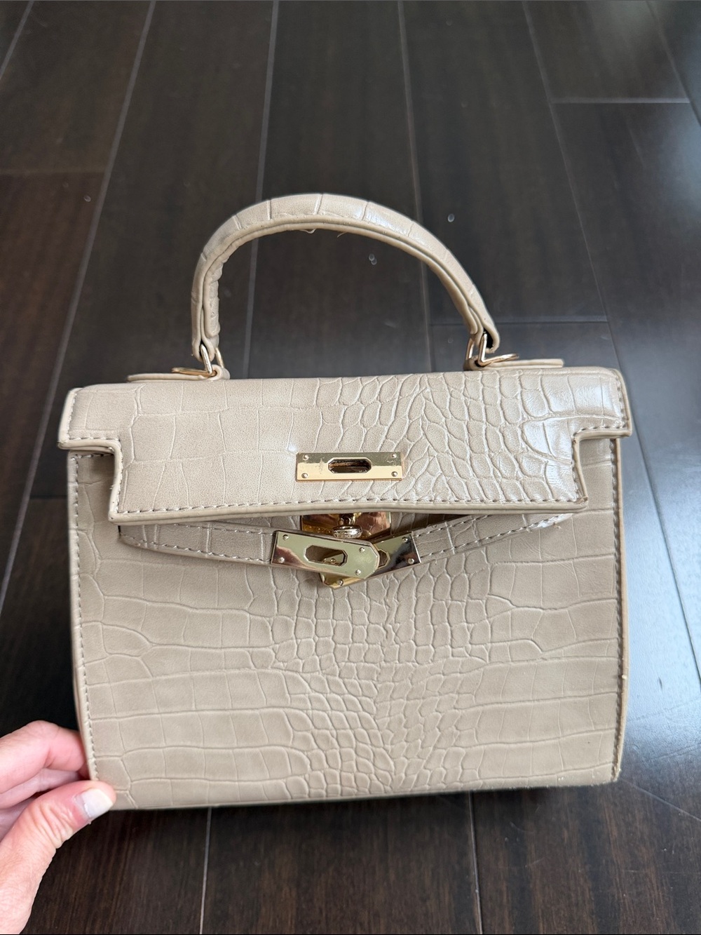 Amazon Classic Top-Handle Croc-Embossed Leather Handbag in Taupe Mini